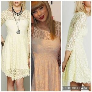 Free People Butter Yellow Queens Love Lace Asymmetrical Hem Mini Dress Size 4